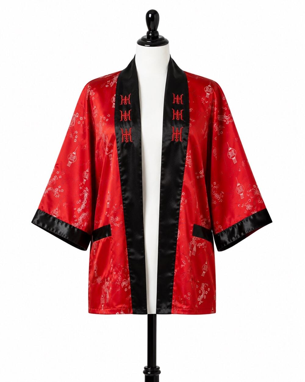 Reversible Asian Satin Kimono Robe Dragon Embroidered L Belt Storage Bag Set